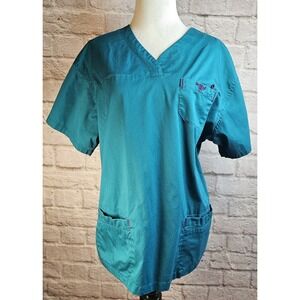 Med Couture E-Z Flex Women's Large Green Purple Accents Scrub Top 6 Pockets EUC